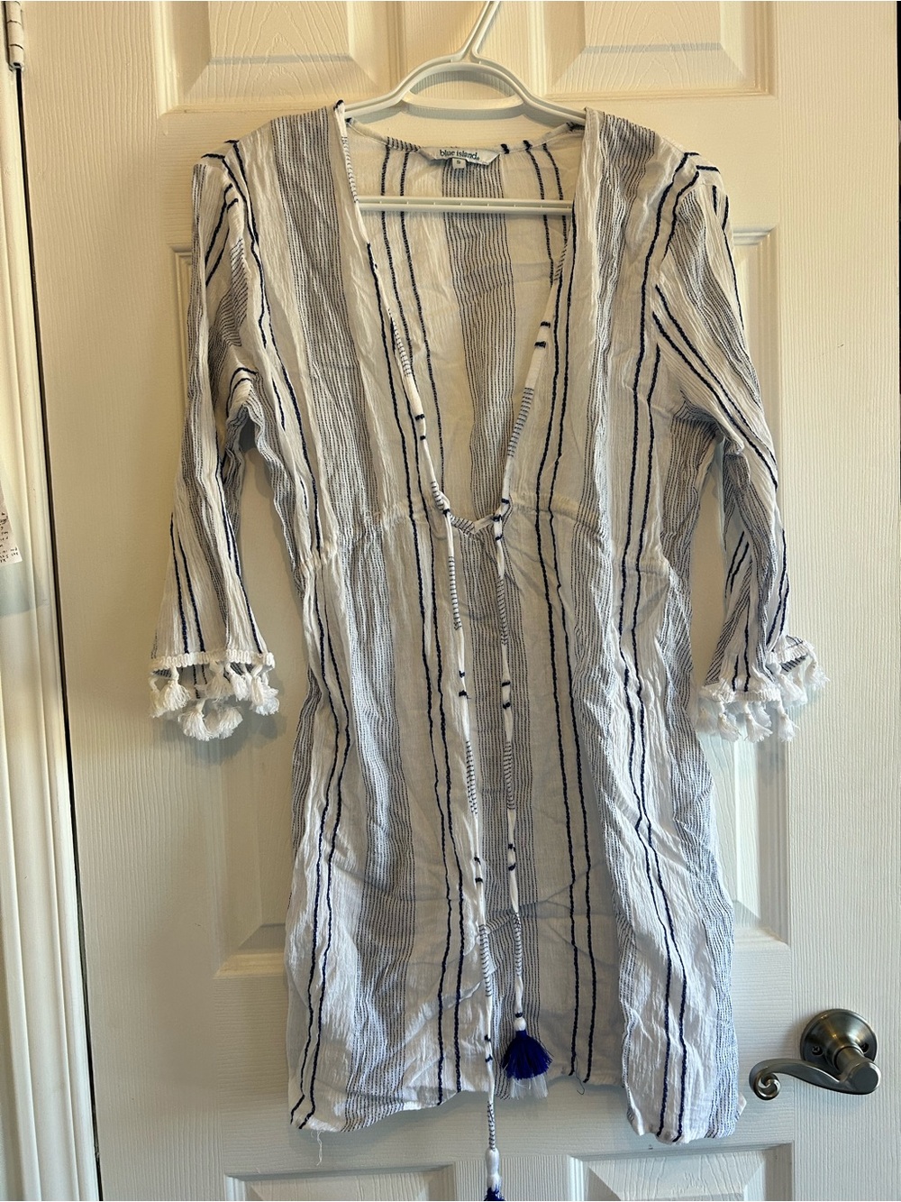 Striped Tassel Cover-Up Tunic - White & Navy